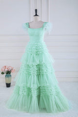 Prom Dress Shopping Near Me, Cold Shoulder Feathers Mint Green Layered Tulle Prom Dress