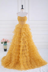 Prom Dressed 2040, Gold Strapless Sequin Ruffle Layered Long Prom Dress