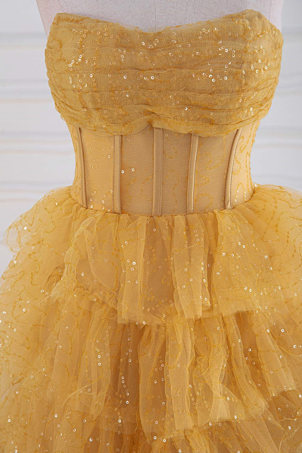 Prom Dresse 2040, Gold Strapless Sequin Ruffle Layered Long Prom Dress