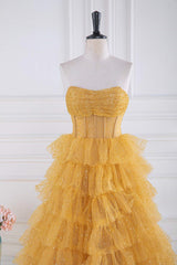 Prom Dresses2040, Gold Strapless Sequin Ruffle Layered Long Prom Dress