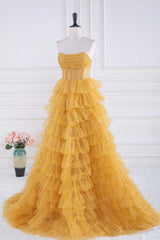 Prom Dresses For Sale, Gold Strapless Sequin Ruffle Layered Long Prom Dress