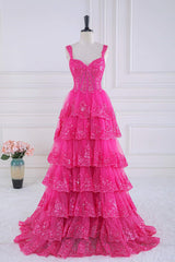 Prom Dress For Short Girl, Fuchsia Sweetheart Corset Sequin Layered Ball Gown