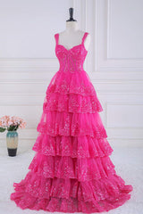 Prom Dresses For Girls, Fuchsia Sweetheart Corset Sequin Layered Ball Gown