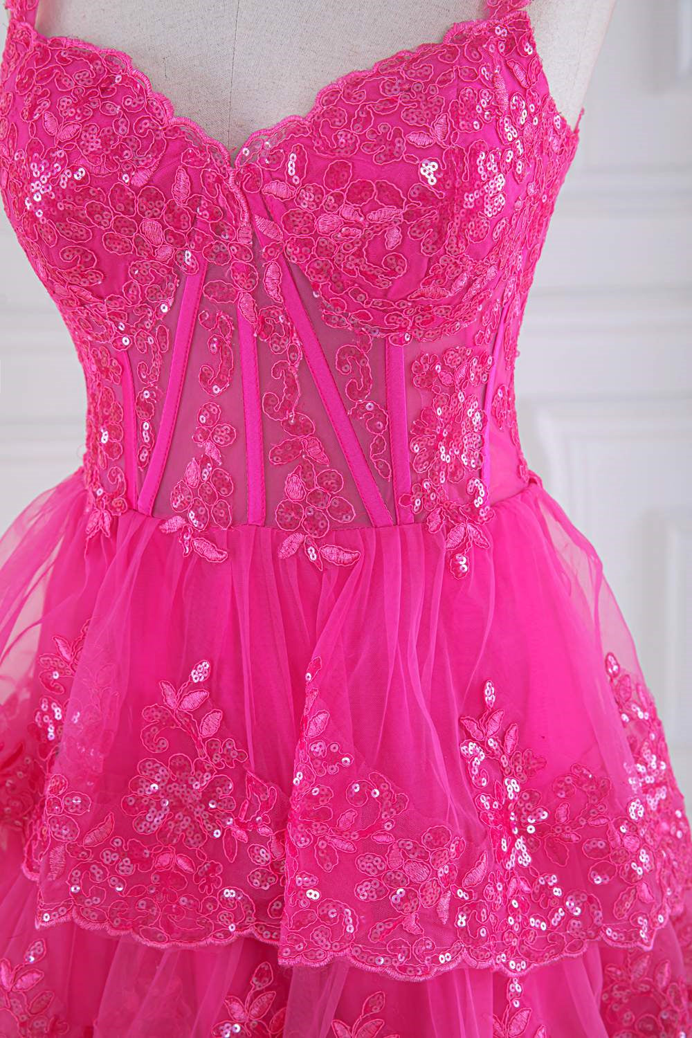 Prom Dress For Girl, Fuchsia Sweetheart Corset Sequin Layered Ball Gown