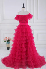 Prom Dresses Stores, Off the Shoulder Fuchsia Ruffle Tiered Prom Dress with Sash
