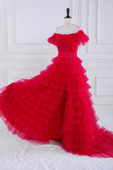 Prom Dresse Long, Off the Shoulder Fuchsia Ruffle Tiered Prom Dress with Sash
