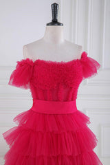 Prom Dress Store, Off the Shoulder Fuchsia Ruffle Tiered Prom Dress with Sash