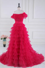 Prom Dresses Store, Off the Shoulder Fuchsia Ruffle Tiered Prom Dress with Sash