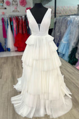 Prom Dresses Inspiration, White V-Neck Pleated Layered Long Formal Dress