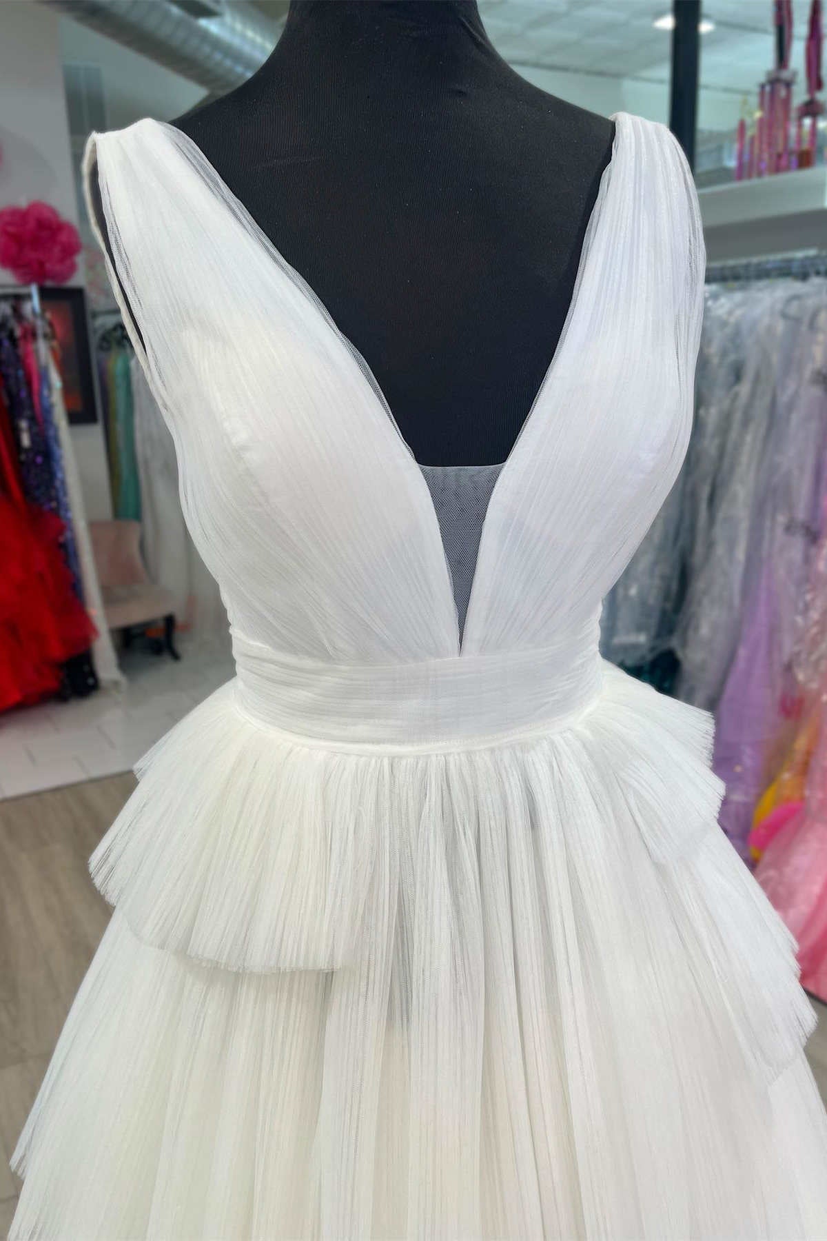 Prom Dress Inspirational, White V-Neck Pleated Layered Long Formal Dress
