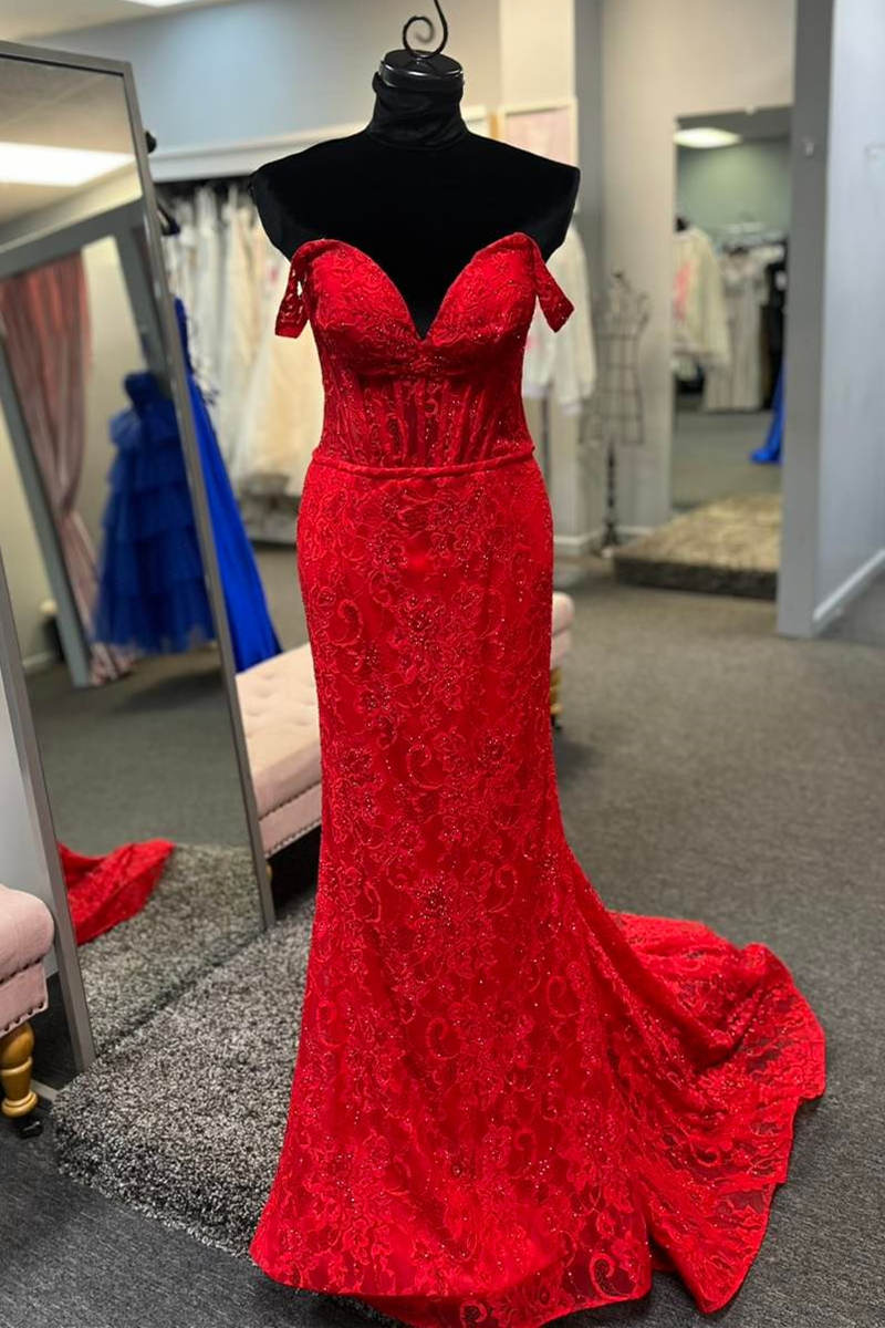 Prom Dresses Designs, Off the Shoulder Red Sheer Lace Corset Mermaid Prom Dress