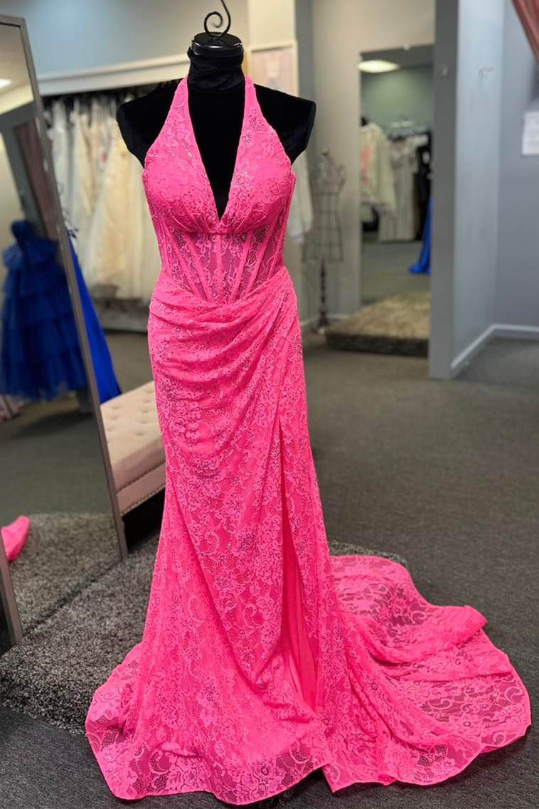 Prom Dresses Designers, Halter Hot Pink Lace Ruched Mermaid Prom Dress