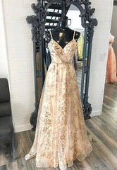 Bridesmaid Dress Strapless, Champagne V-Neck Sequins Long Prom Dresses, A-Line Evening Dresses
