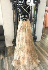 Bridesmaids Dresses Strapless, Champagne V-Neck Sequins Long Prom Dresses, A-Line Evening Dresses