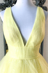 Cute Dress Outfit, Yellow V-Neck Tulle Long Prom Dresses, A-Line Evening Dresses