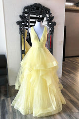 Party Fitness, Yellow V-Neck Tulle Long Prom Dresses, A-Line Evening Dresses