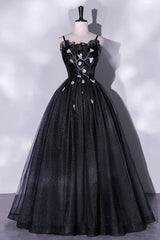 Prom Dresses Vintage, Black Tulle Long A-Line Evening Gown, Black Spaghetti Strap Evening Gown