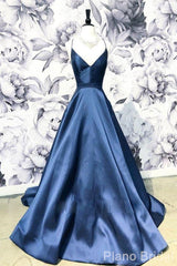 Prom Dress Under 113, A Line Blue Spaghetti Straps Satin Prom Dresses, V Neck Blue Sexy Evening Party Dress