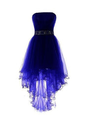 Prom Dress V Neck, Royal Blue Tulle High Low Scoop Homecoming Dresses, Blue Party Dress