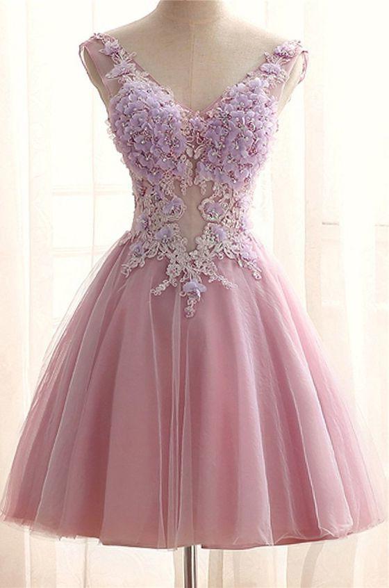Prom Dresses Long Beautiful, Chic V Neck Pink Tulle Applique Flower See Through Short Prom Dress