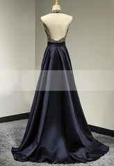 Prom Dress Gowns, Halter Beading Backless Sweep Train A-Line/Princess Satin Prom Dresses
