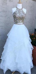 Prom Dress Size 27, White Two Pieces Beaded Halter Long Prom Dress