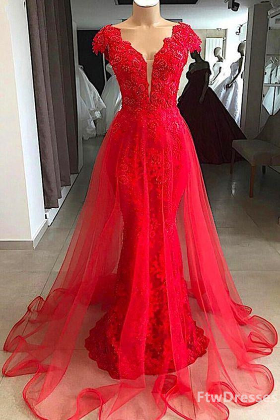 Black Long Dress, red lace cap sleeve long v neck formal prom dress beaded evening dress