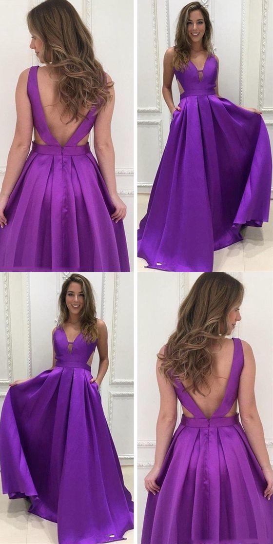 Prom Dress Patterns, A Line Deep V Neck Backless Purple Satin Prom Dress With Pockets