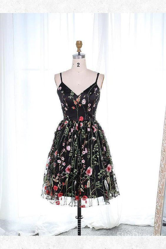 Evening Dress Shop, homecoming dresses lace a line spaghetti straps short black lace homecoming dress