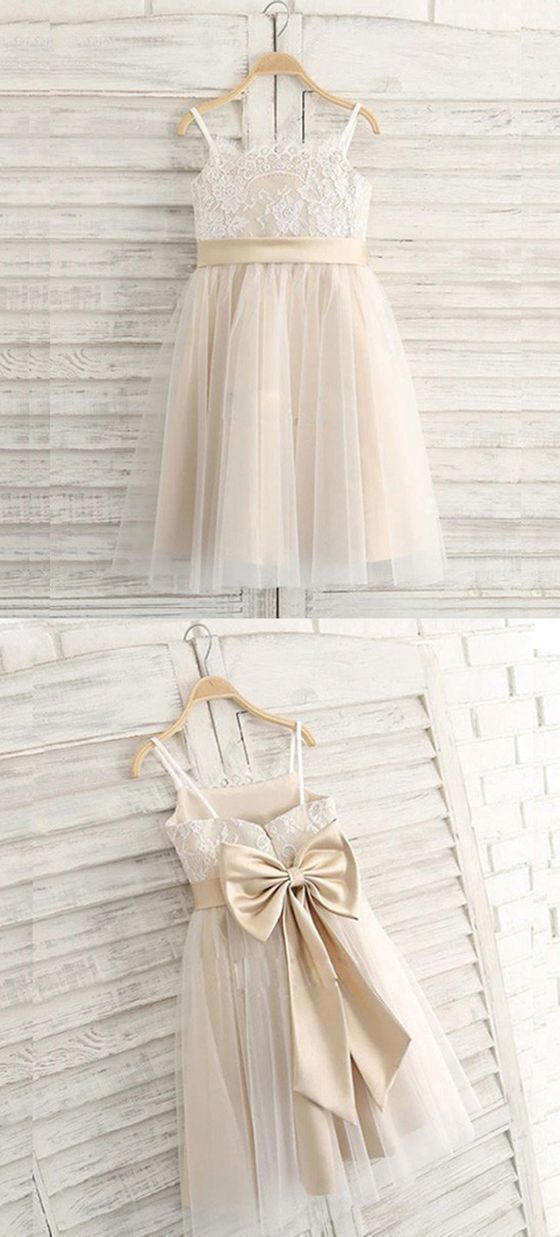Prom Dresses 2026, A Line Spaghetti Straps Light Champagne Flower Girl Dress With Lace