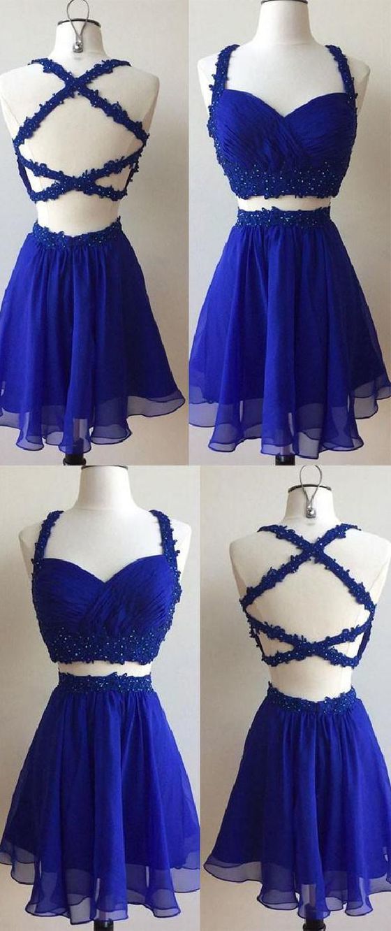 Prom Dresses With Sleeve, Cute Homecoming Dress, Blue Two Pieces Lace Short Prom Dress, Cute Homecoming Dress