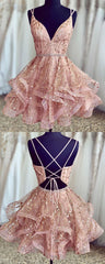 Prom Dress Long Beautiful, Stunning Pink Short Homecoming Dresses, Shiny Sequined Homecoming Dresses, Ball Gown Formal Dresses, For Teens