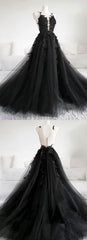 Prom Dress Pattern, Black Tulle Applique Long Prom Dress, Black Evening Dress