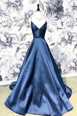 Prom Dresses Under 213, A Line Blue Spaghetti Straps Satin Prom Dresses, V Neck Blue Sexy Evening Party Dress