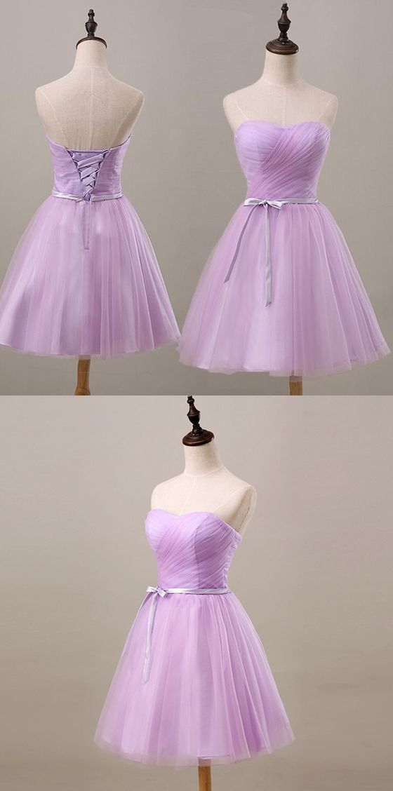 Prom Dresses Laced, Youthful Lavender Homecoming Dress, Sweetheart Short Prom Party Dress, Ruched With Sash Bridesmaid Dress