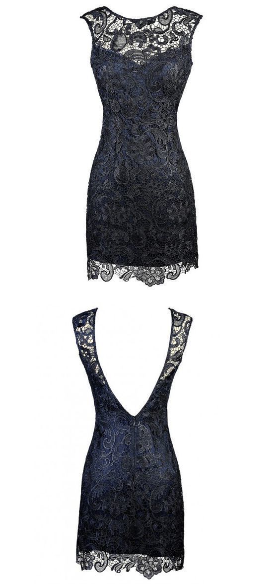 Prom Dress Under 63, Sheath Bateau Backless Short Navy Blue Lace Mother Of The Bride Dress
