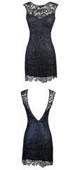 Prom Dress Under 63, Sheath Bateau Backless Short Navy Blue Lace Mother Of The Bride Dress