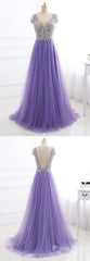 Prom Dresses Boho, Purple Tulle V Neck Silver Beaded Long Evening Dress, Purple Halter Prom Dress