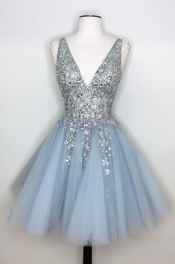 Prom Dresses Laces, Princess Silver Sequins And Light Sky Blue Short Homecoming Dress