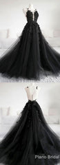 Prom Dresses Patterns, Black Tulle Applique Long Prom Dress, Black Evening Dress