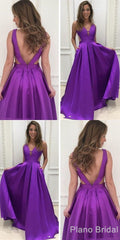 Prom Dresses Patterned, A Line Deep V Neck Backless Purple Satin Prom Dress With Pockets