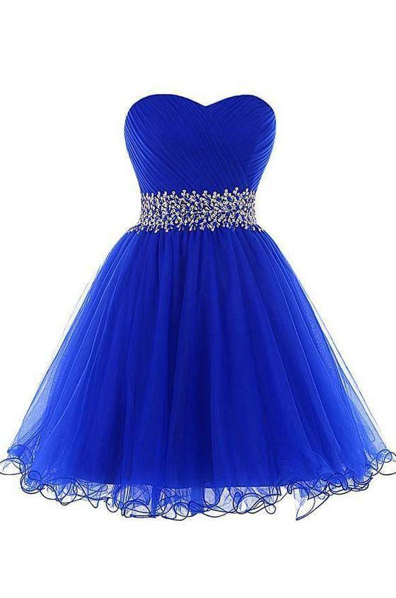 Prom Dress With Sleeve, A Line Homecoming Dresses, A Line Sweetheart Short Tulle Lace Up Royal Blue Homecoming Dress