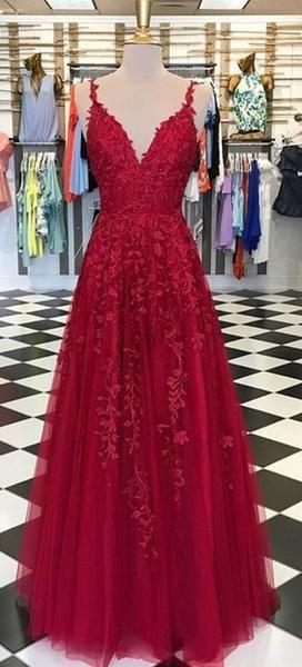 Prom Dress Sleeve, Red Appliques Lace Long A Line Tulle Prom Dresses