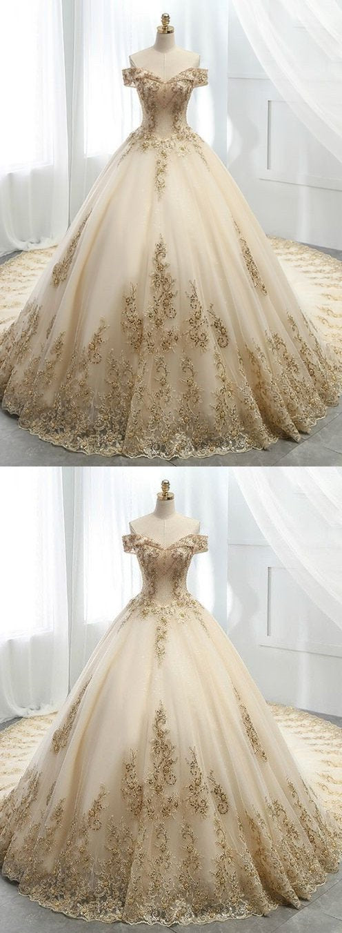 Wedding Dress Open Back, Champagne Ball Gown Tulle Gold Lace Appliques Wedding Dress