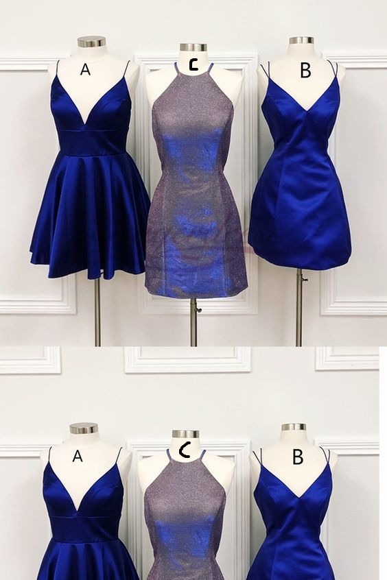 Formal Dresses For Fall Wedding, Spaghetti Strap V Neck Royal Blue Short Homecoming Dresses