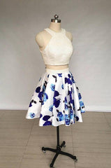 Prom Dresses Navy, Two Piece Ivory Jewel Floral Print Satin Short Homecoming Dress With Pearls