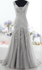 Prom Dresses Ball Gown Style, Silver Long Back Up Lace V Neck Beading Prom Dresses, Modest Prom Dresses, Charming Prom Dresses