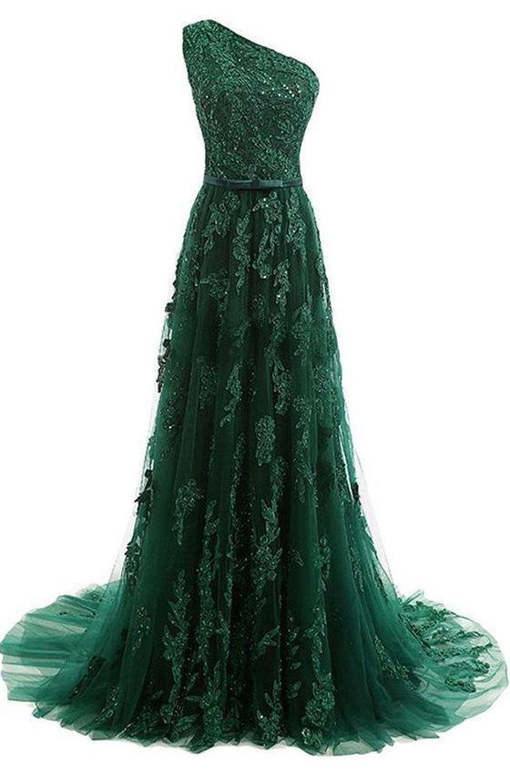 Prom Dresses Ball Gown Elegant, A Line One Shoulder Sweep Train Dark Green Tulle Prom Dress With Appliques Beading