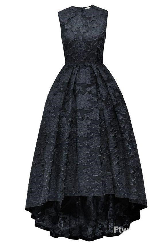Princess Prom Dress, black lace round neck high low sleeveless a line long prom dress evening dresses