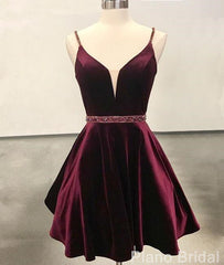 Prom Dresses Vintage, Simple V Neck Velvet Short Burgundy Prom Dress